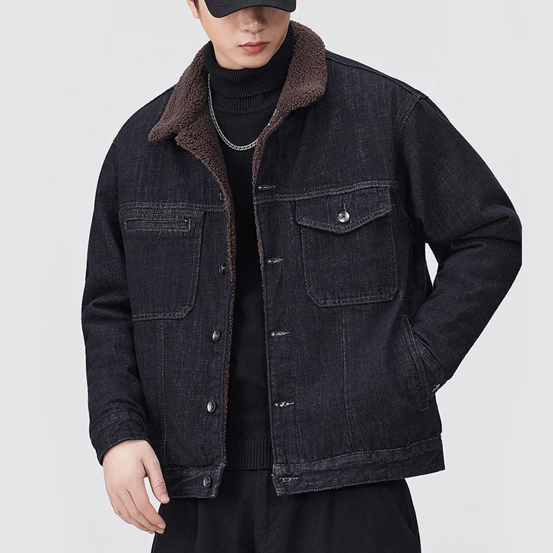 

Autumn Winter Lining Fleece Thicken Denim Jacket Men's Streetwear Vintage Fashion Loose Casual Warm Cargo Jeans Jacket Coat