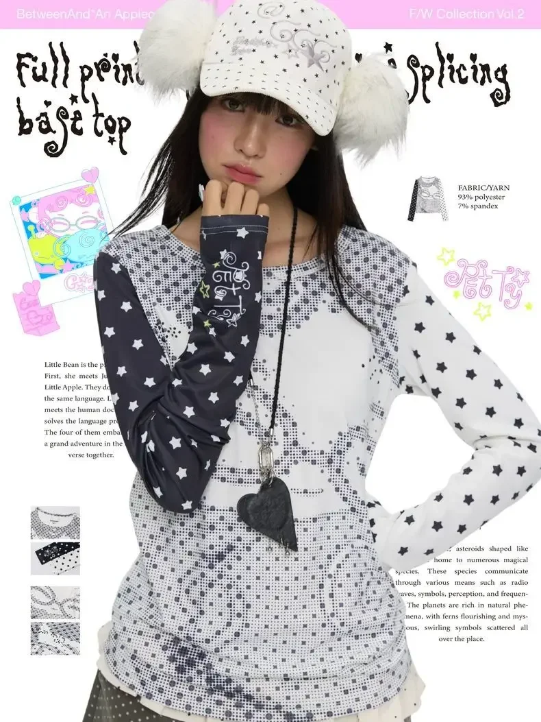 2025 New American Spice Girl T-shirt Design Small Print Anime Dot Pixel Animation Splicing Long Sleeve Shirts for Women Y2k Top