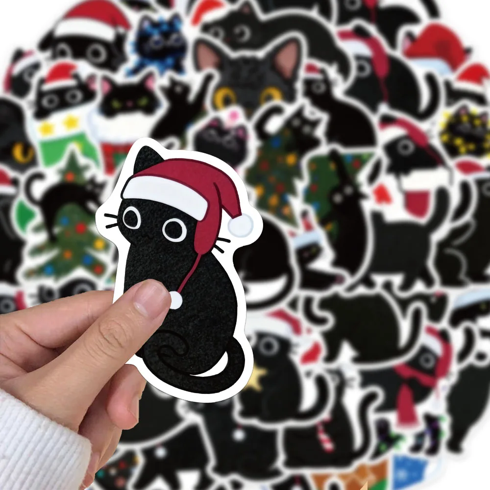 50PCS Creative Christmas Black Cat Sticker Tags Diary Stationery Computer Refrigerator Water Cup Phone Case Aesthetic Stickers