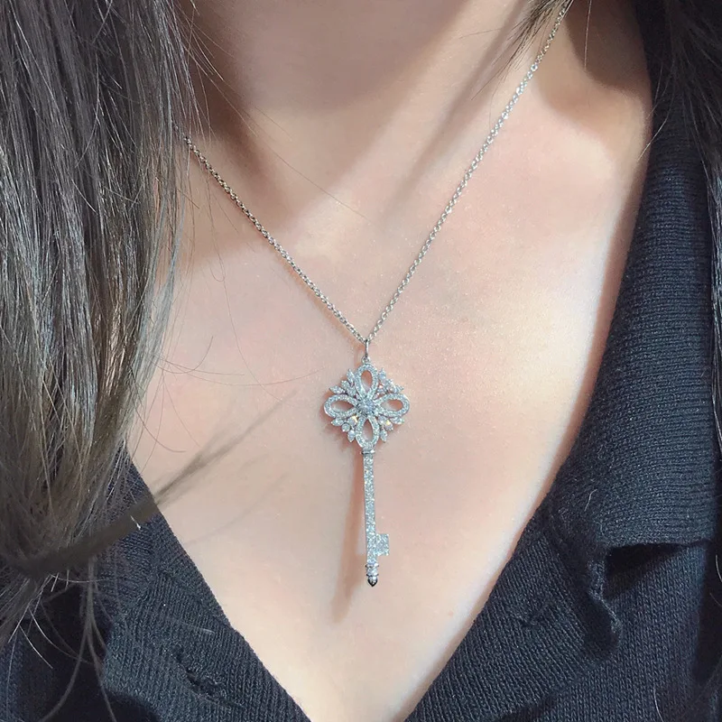 S925 Pure Silver Snowflake Key Necklace Sweater Collarbone Chain Pendant