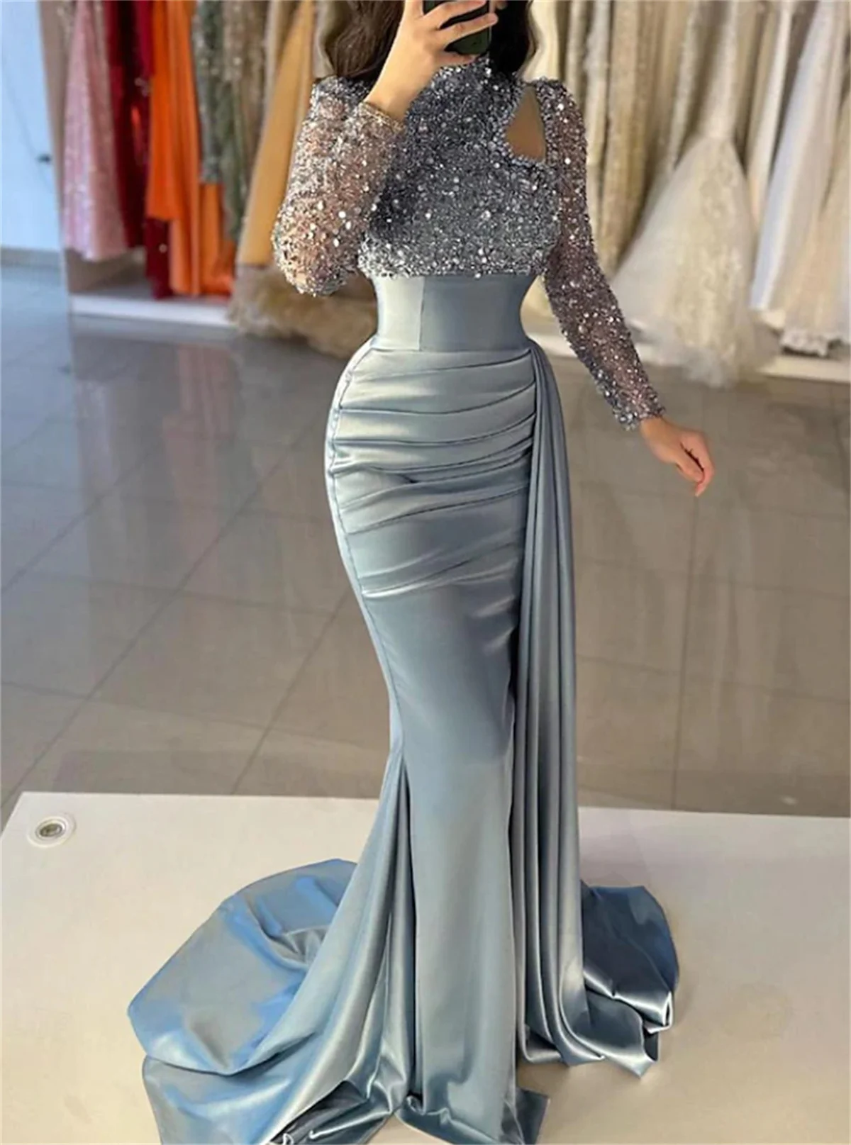 Customized Luxurious Sequins Prom Luxury Bling Beaded Long Sleeves Formal Evening Dress Party Pageant Gowns 2024 Robe de mariée