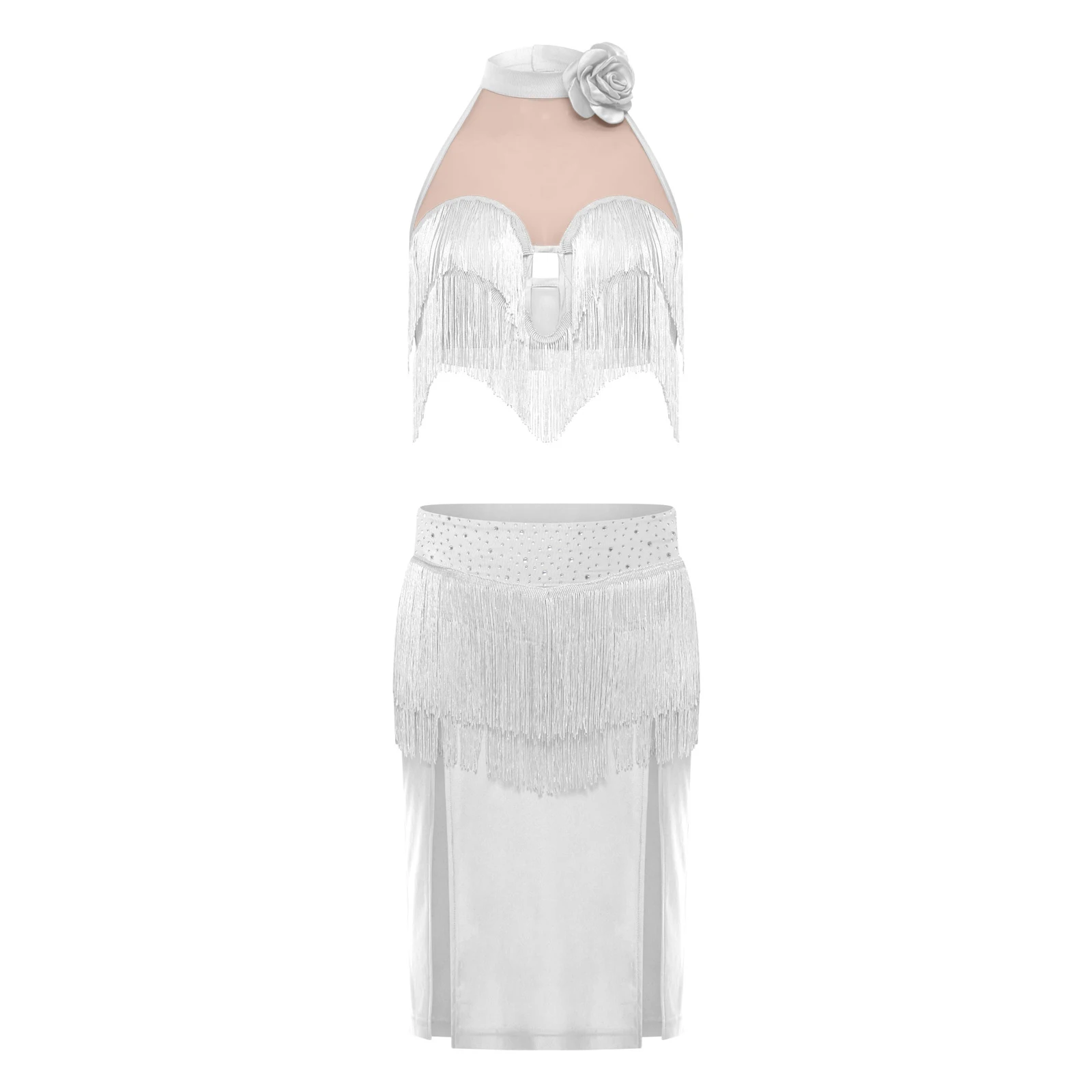 

Womens Latin Dance Outfit Halter with 3D Flower Applique Tiered Tassel Sleeveless Top And Miniskirt for Belly Dance Salsa Prom