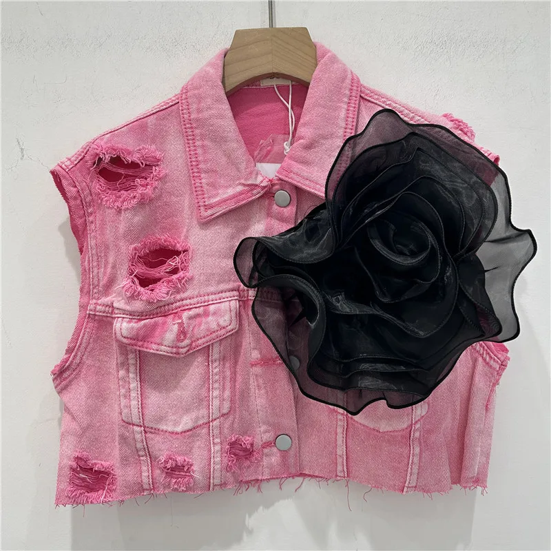 2024 Summer 3D Flowers Denim Jacket Vest Female Y2k Street Clothes Women's Single Breasted Pockets Hole Burr Edge Coat Trendy