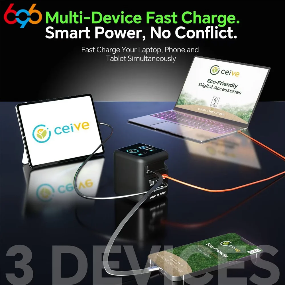 PD3.0 Multi-device Fast Charging All Smart Matching  All-around Protection 70W GaN Fast Charger With Type-C Retractable Cable