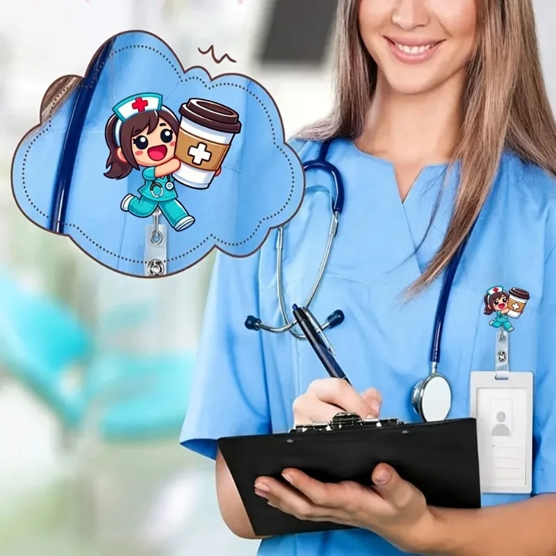 New Acrylic Milk Tea Nurse Retractable Badge Holder Cute Flat Design ID Card Clip with Reel Alligator Clip for Work School