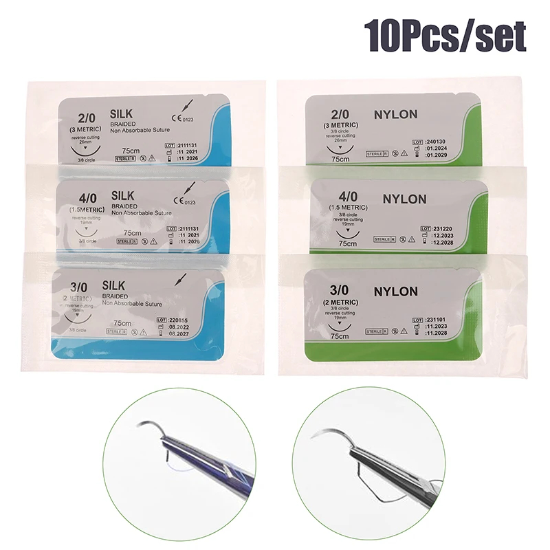 10Pcs 2.0/3.0/4.0 Silk Nylon Monofilament Medical Thread Needle Surgical Suture Training Thread Suture Practice Kit