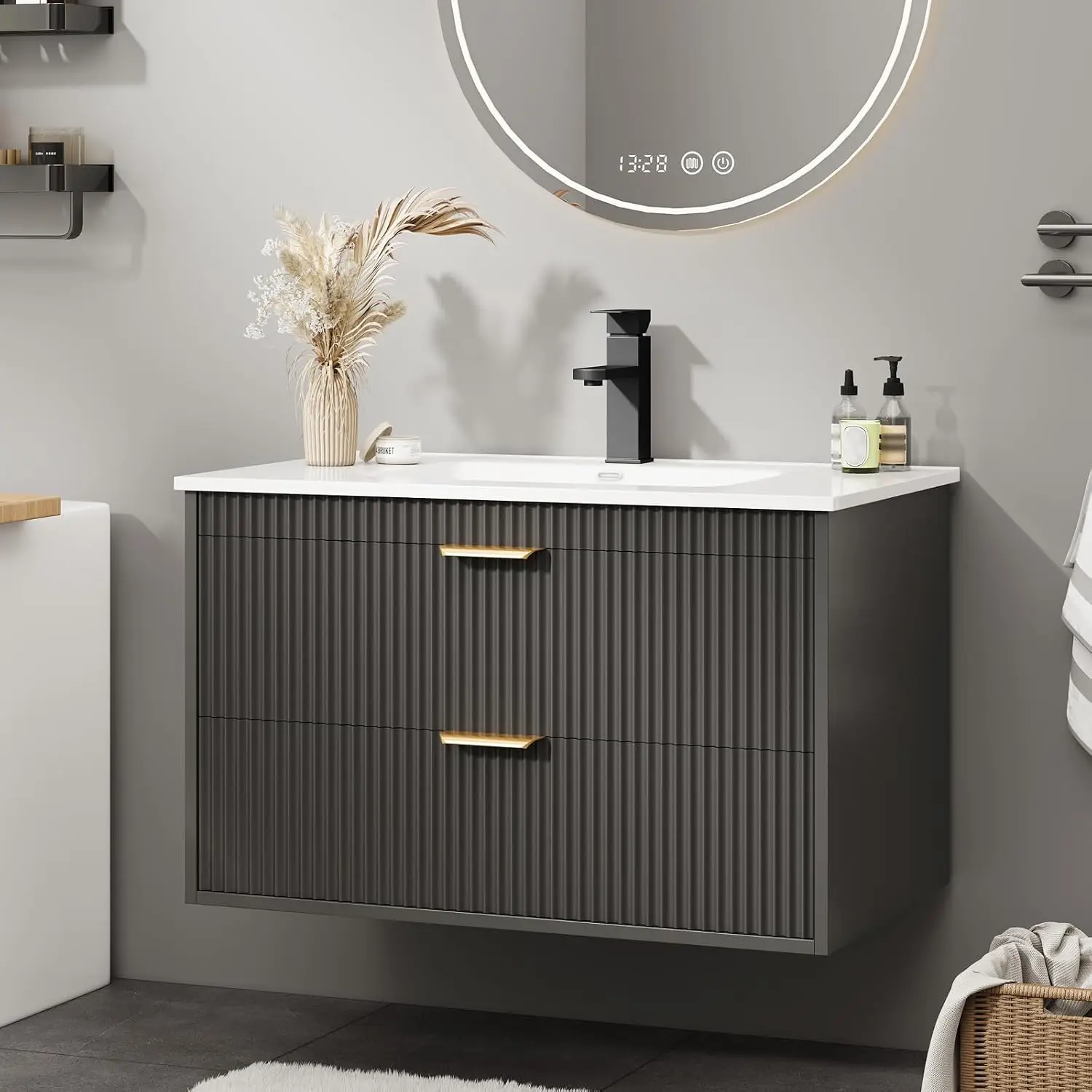 24 Inch Wall Mounted Bathroom Vanity with Sink, 2 Storage Drawers, Floating Cabinet, Wood Grain Finish, Black, Customized