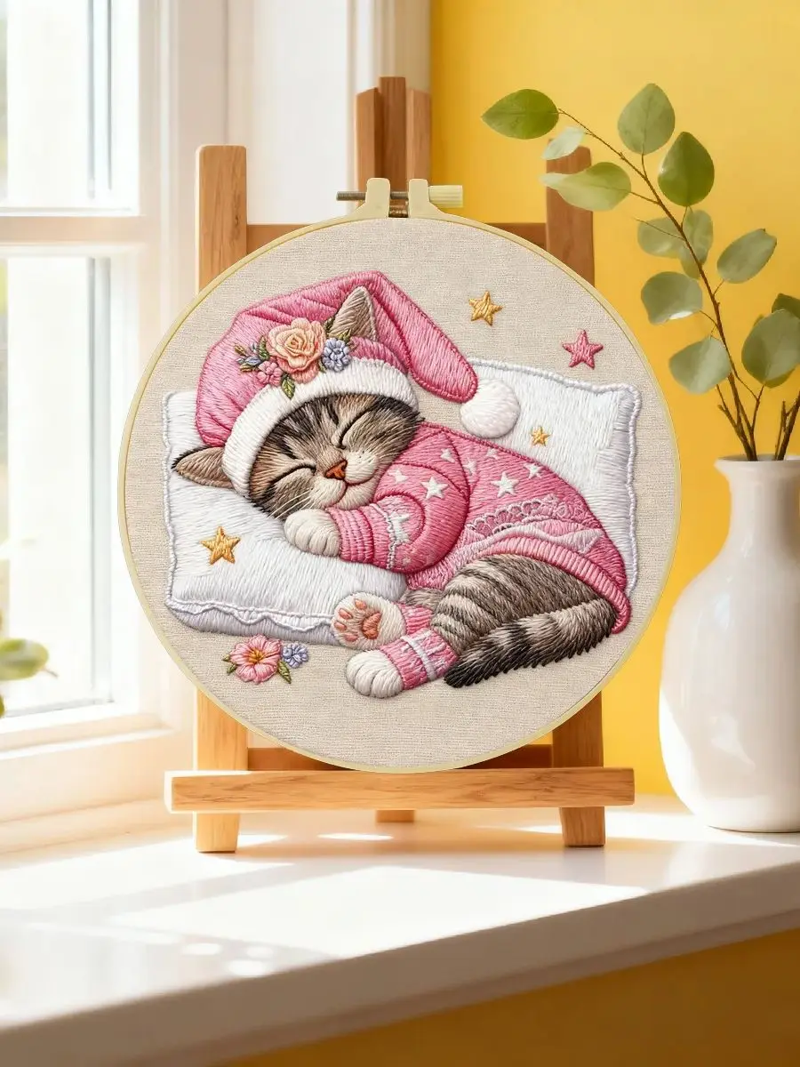 1 Stück 20X20CM/15X15CM 7,87/6,3 Zoll Katzen-Stickerei-Starter-Kit DIY-Kit DIY-Stickerei-Set Handarbeits-Nadelkunst-Set für Anfänger – Detail 6