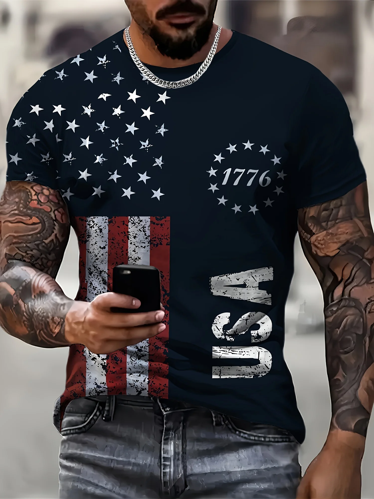 VintageT-Shirt For Men American Flag Graphic T Shirts 1776 Print Tees Short Sleeve T Shirts Outdoor Oversized Men's Clothing Top image 3