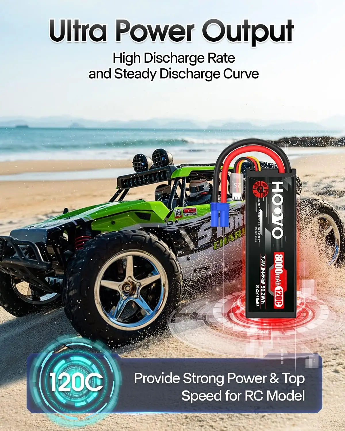 HOOVO 2S Lipo 배터리 7.4V 8000mAh 120C RC 자동차 배터리 하드 케이스 EC5 플러그, 1/8 1/10 RC 차량, 트럭 드론 모델용, 2 개