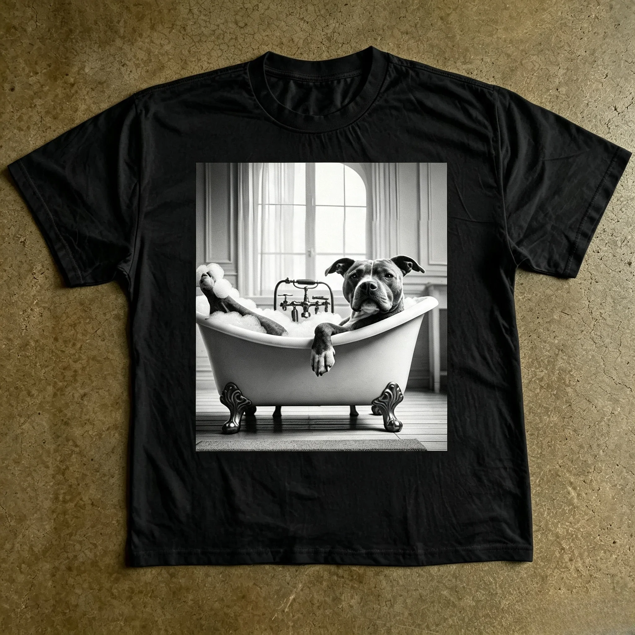 Pitbull in Bathtub Graphic T-shirt  Women Funny Dog Bath Photo Print Short Sleeve Cool Casual Streetwear Tops