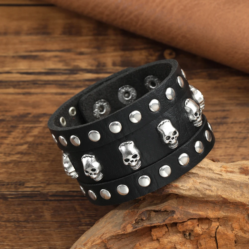 2024 Charm Jewelry Handmade Weave Genuine Leather Bracelet Men Vintage Cuff Wide Leather Skull Bracelet Pulsera Hombre