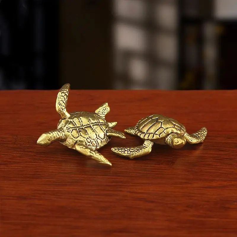 Mini Brass Sea Turtle Figurine Miniature Hand Carved Vintage Finish Solid Brass Ornament for Home Desktop Fairy Garden Decor