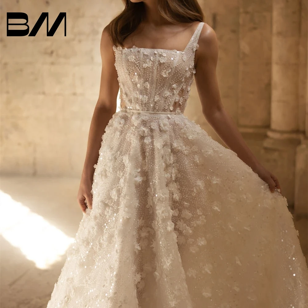 Romantic Glitter Tulle Wedding Dress With Elegant Square Neckline 3D Floral Appliques Bride Dresses High Side Slit Robe De Marie