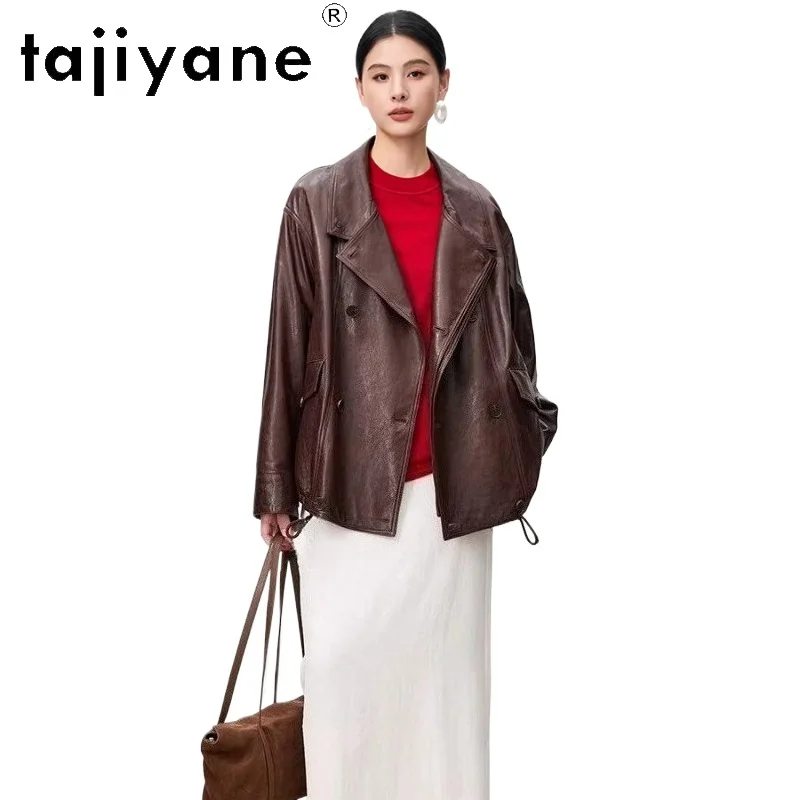 เสื้อแจ็คเก็ตหนังแกะแท้ TAJIYANE สำหรับผู้หญิง ทรงสั้นโอเวอร์ไซส์ แจ็คเก็ตหนังแท้ ฤดูใบไม้ร่วง 2025 เสื้อผ้าผู้หญิง