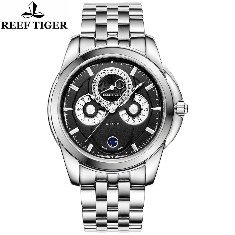 Reef Tiger-Sapphire Crystal Masculino Relógio de Pulso, Relógio Quartz Masculino, Calendário, Fase da Lua, Aço, Cronógrafo, Novo