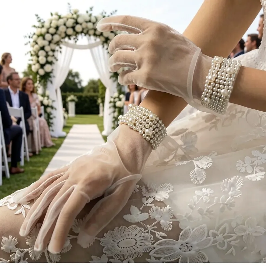 Nova Chegada: Luvas Brancas de Noiva Baratas com Pérolas e Contas – Luvas Elegantes para Mulheres – Complementos de Casamento 2026