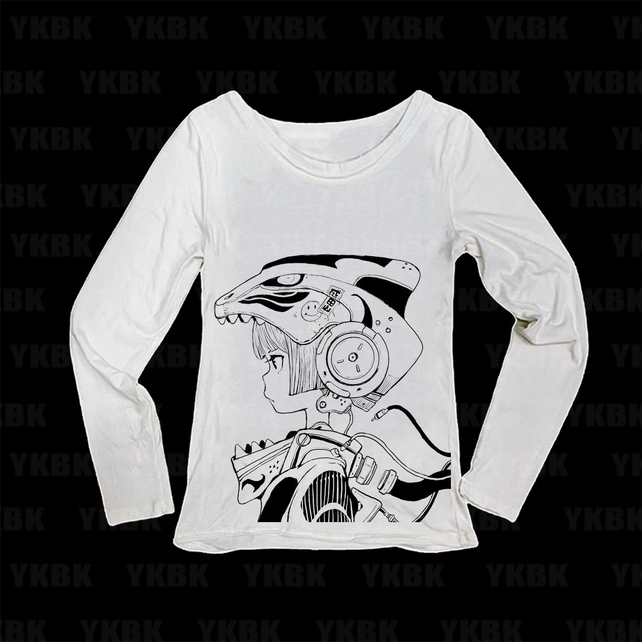 Y2K Cyberpunk Mecha Helmet Anime Girl Sketch Graphic Long Sleeve T Shirt Women Alt Harajuku Manga Line Art Print O-neck Slim Fit