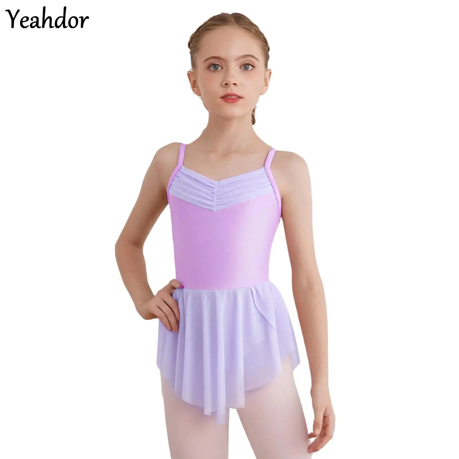 

Kids Girls Ballerina Practice Performance Costume Ballet Dress Spaghetti Straps Sides Ruched Split Gymnastics Leotard Dancewear