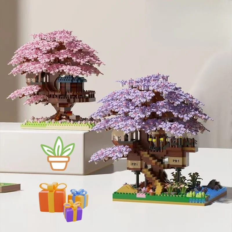 1000+ Teile Kirschblüten-Baumhaus-Bausteine, Heimdekoration, stilvolle Raumverschönerung, Weihnachtsgeschenk (ohne Box) – Detail 2