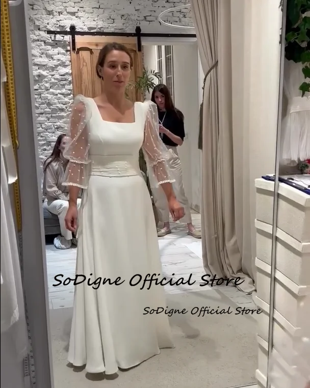 Sodigne linha a pontilhado tule vestidos de casamento gola quadrada 3/4 mangas cetim vestido de noiva vestido de casamento robe de mairee ﻿ Personalizado