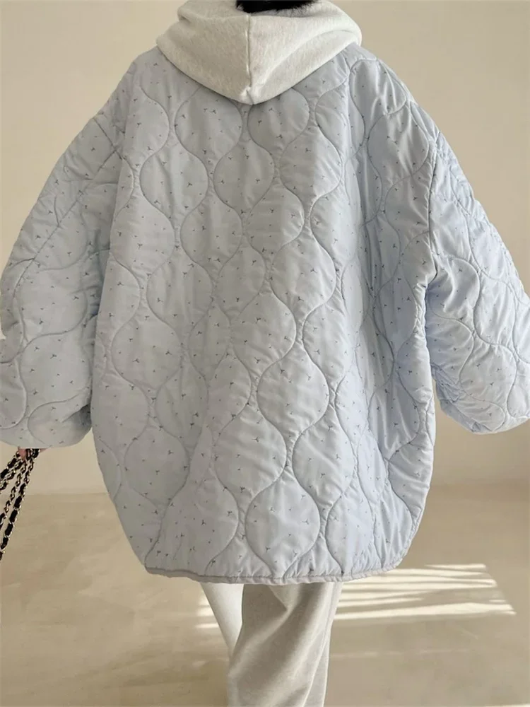 Qweek koreanische Mode gepolsterte Jacke Frauen y2k Fairycore Winter blau Parkas übergroßen Blumen druck süße sanfte Button-up-Oberbekleidung