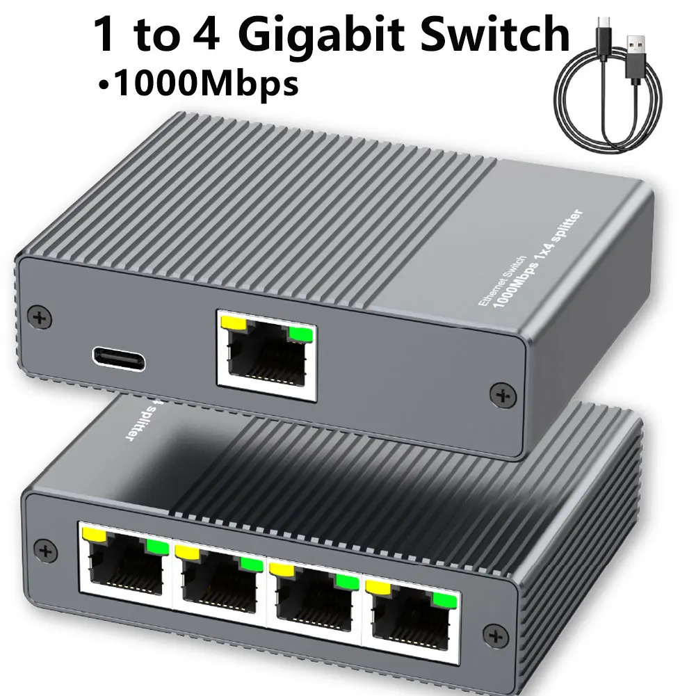 Gigabit Ethernet Switch 1 to 4 RJ45 Splitter, 1000Mbps 4 Port LAN Network Adapter Internet Hub