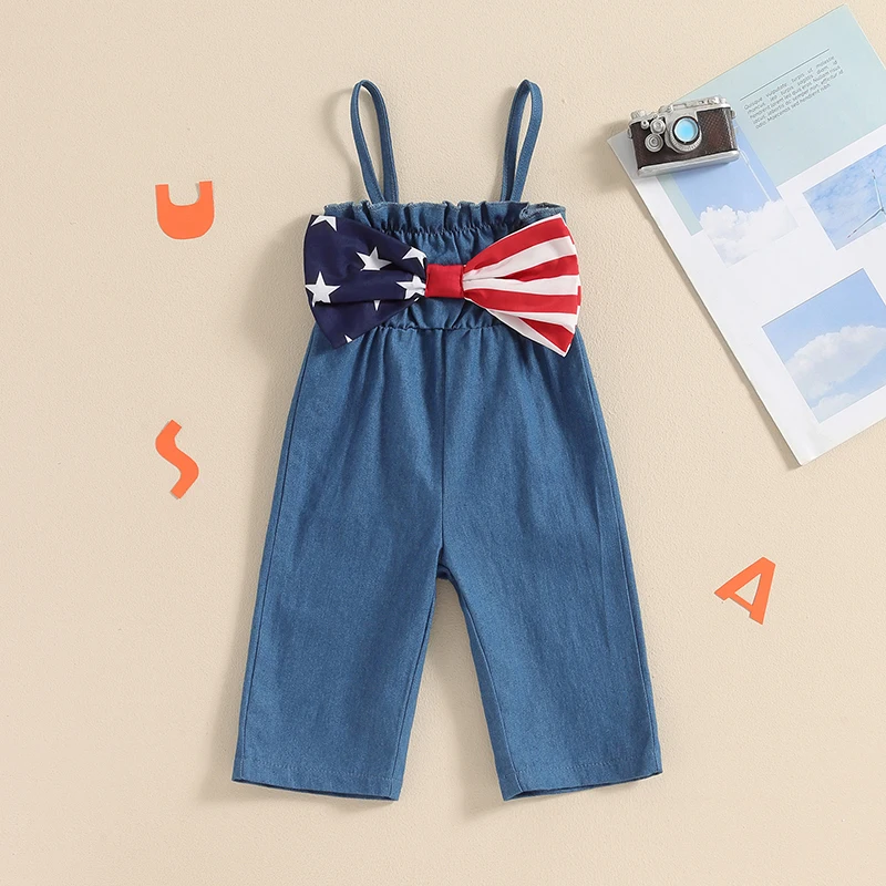 

2024-02-28 Lioraitiin Toddler Kid Girls 4th of July Overalls Stripe Stars Print Bowknot Sleeveless Straps Romper Summer Jumpsuit