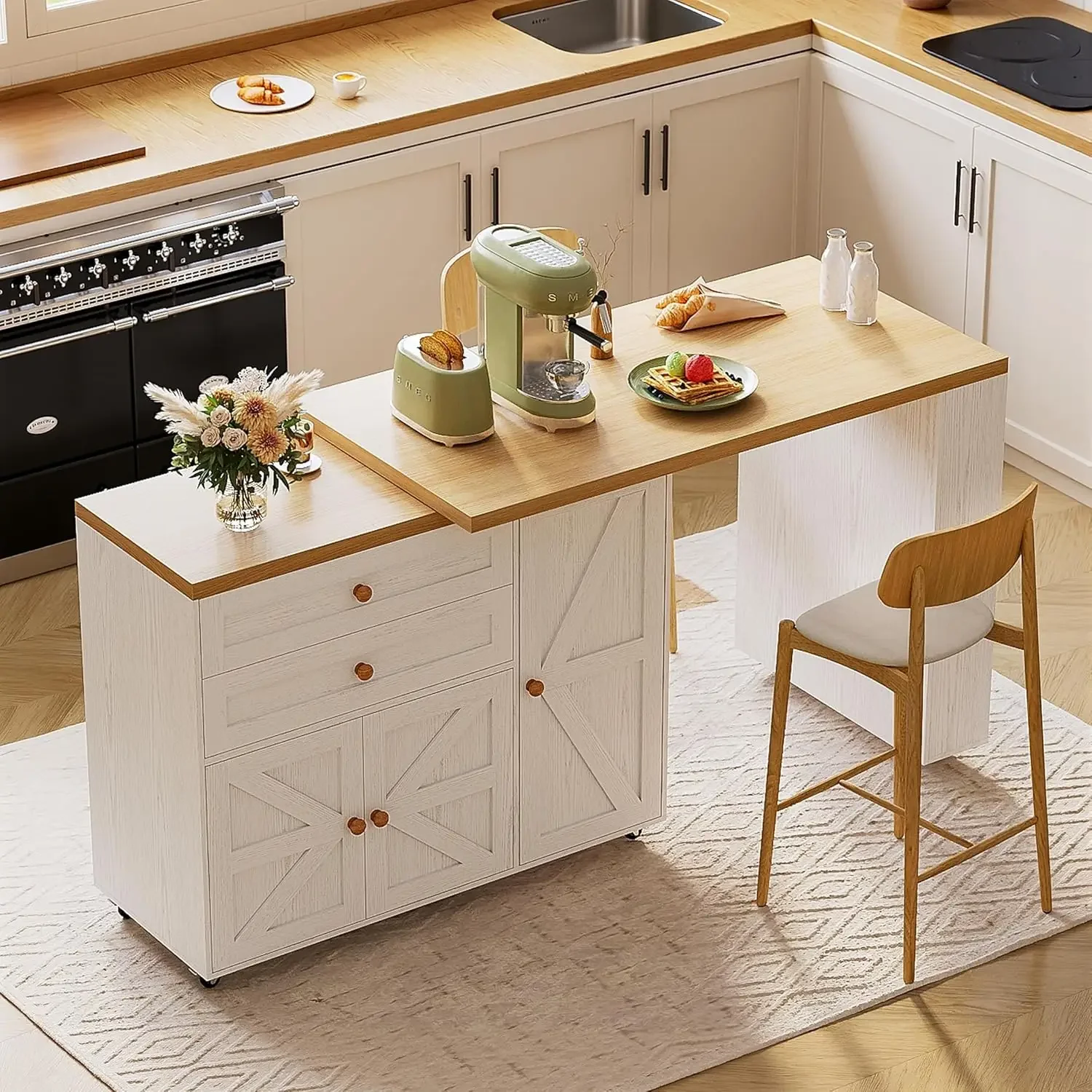 

Wood Rolling Kitchen Island Cart With Swivel Table Storage Drawers Spice Rack Wheels Home Bar