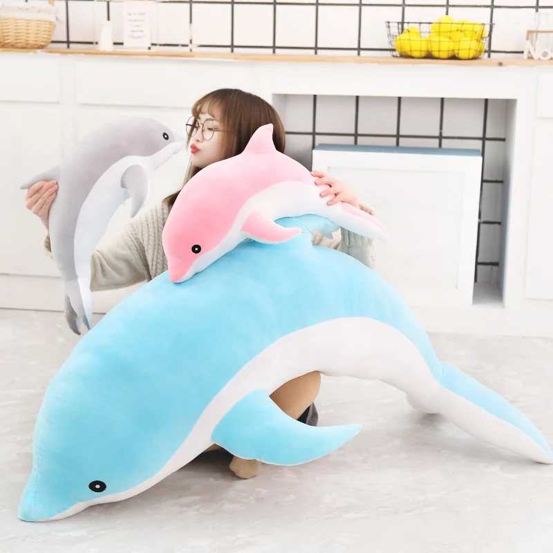 Kawaii Grey Dolphin Plush Toy Soft Blue Stuffed Animal Pink Sofa Long Pillow for Room Decor Christmas Gift for Girls And Boys