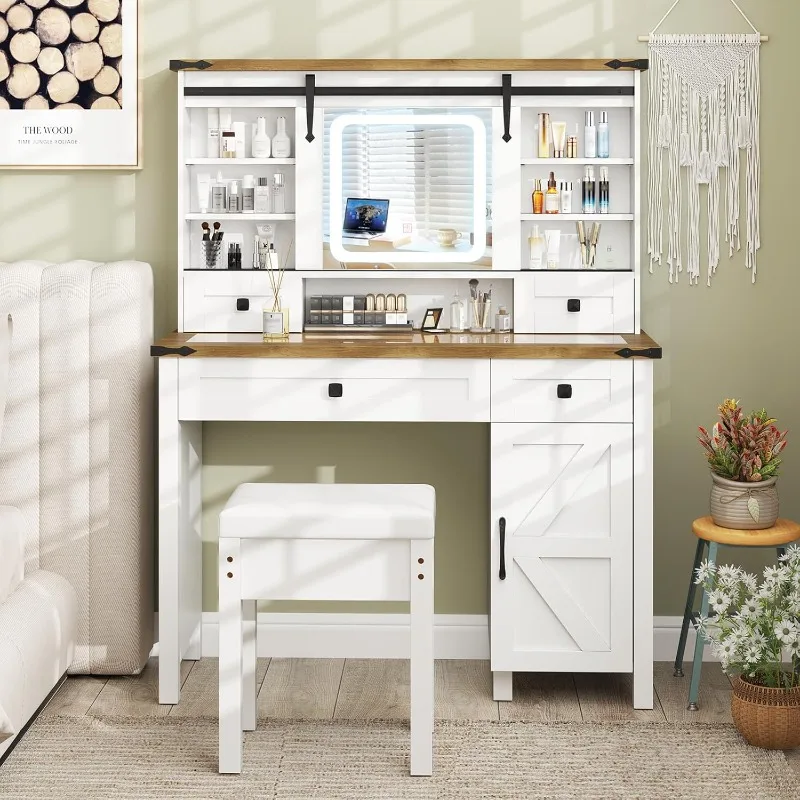 

Vanity Desk with Mirror and Lights, White Makeup Vanity with Sliding Mirror, 3-Color LED Lights, Glass Tabletop, 4 Drawer
