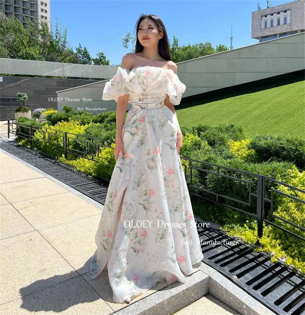 OLOEY Elegant Floral Evening Dresses Puff Short Sleeves Prom Dress Off Shoulder Soft Tulle Custom Party Gown Two Wearing Methods