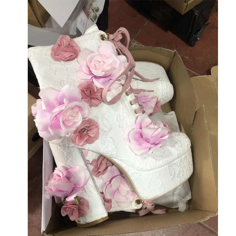 White Lace Pink Flowers Front Cross Straps Chunky Heel Boots Woman Winter 2026 Round Toe Platform Romantic Woman's Boots