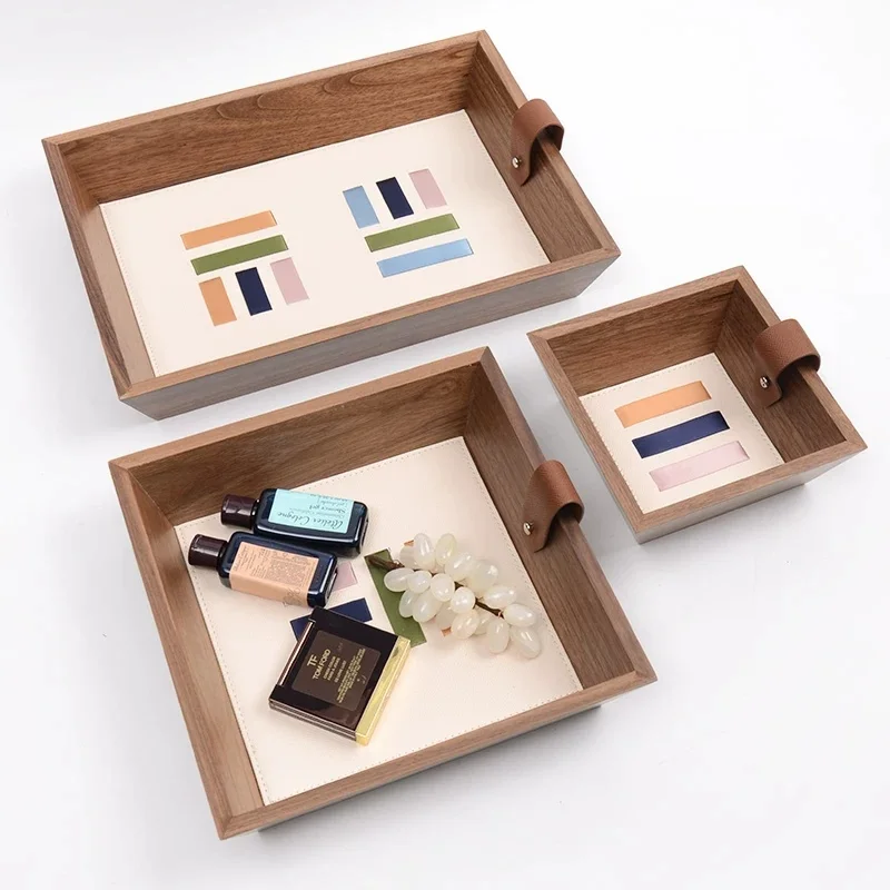 Nordic Style Solid Wood Storage Box with Leather Handle Multiple-Use Table Organizer Keys Holder Home Decor