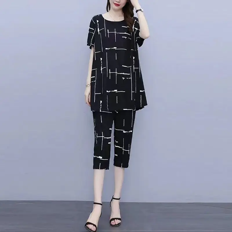 2024 Summer New Women\'s Printed Crew Neck Elegant Loose Appear Thin Short Sleeve High End Leisure Age Reducing Two-piece Set