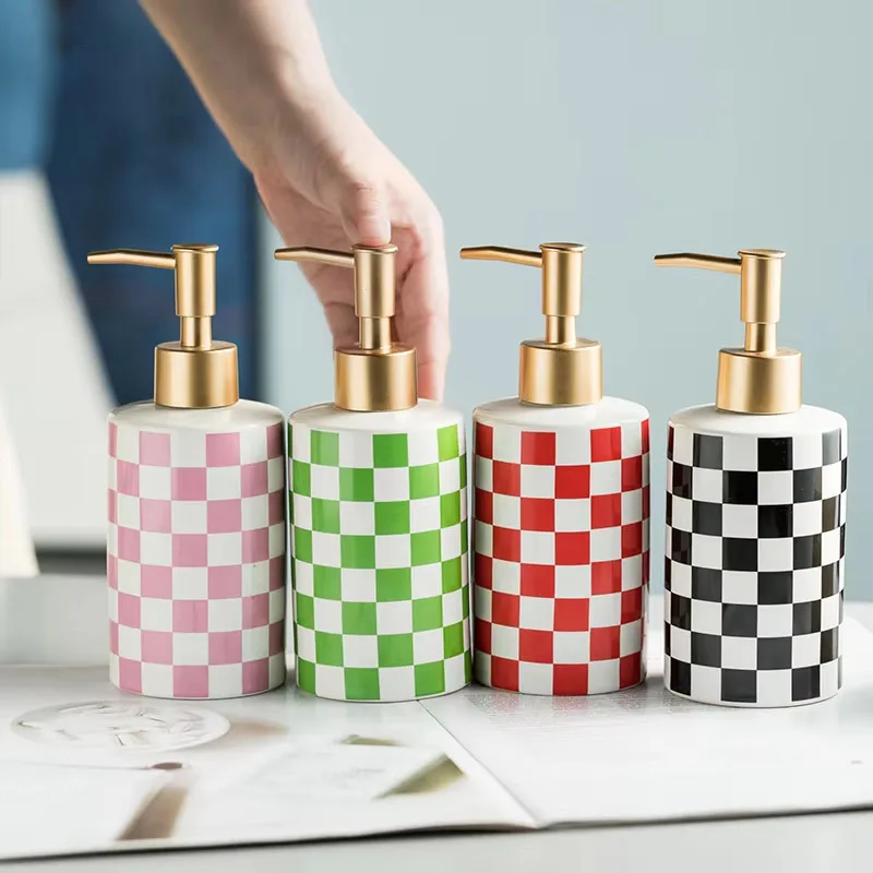 Ceramic soap dispenser Color check geometry pattern Lotion bottle Press pump shampoo bottle bathroom Storage accessories
