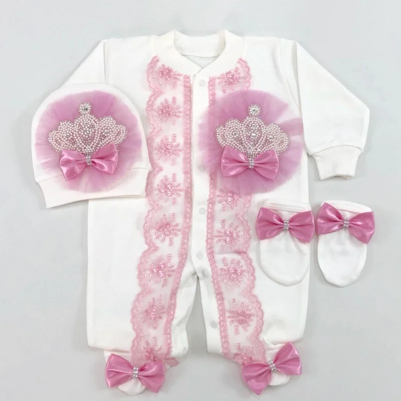 Tulle Crown Lace Satin Bow Baby Footed Romper Newborn 0-9 Months 4Pcs White Baby Pink Pearl Royal Jumpsuit Gift