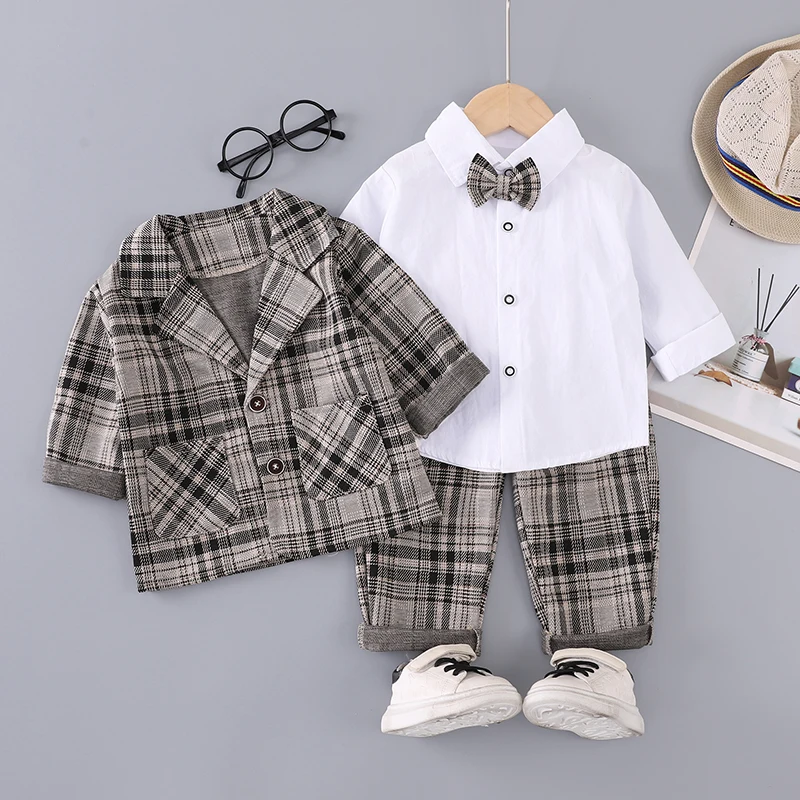 Boys Plaid Blazer Suit 3 Piece Set Bow Tie White Shirt Pants Toddler Gentleman Outfit Cotton Blend Long Sleeve Fall 80-120