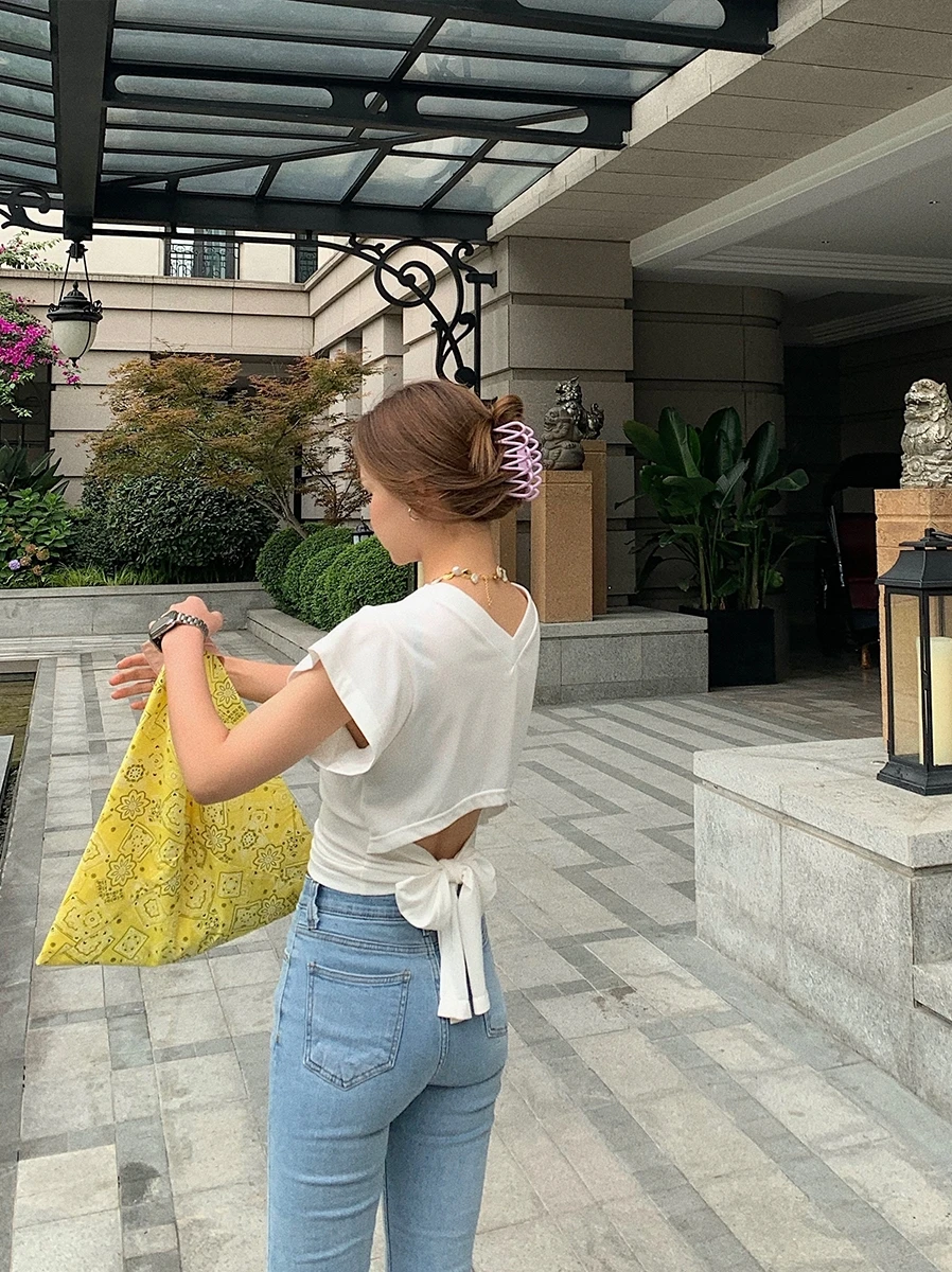 

Bluetique Slimming Bal T-irt with Belt Summer ort Sve V-Ne Cute Sle Versatile Casual Loose Fit Pure Color