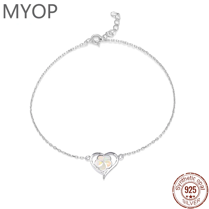 MYOP-925 Sterling Silver Heart-Shaped Flower Opal Pulseira, estilo simples, moda personalizada, festa de verão