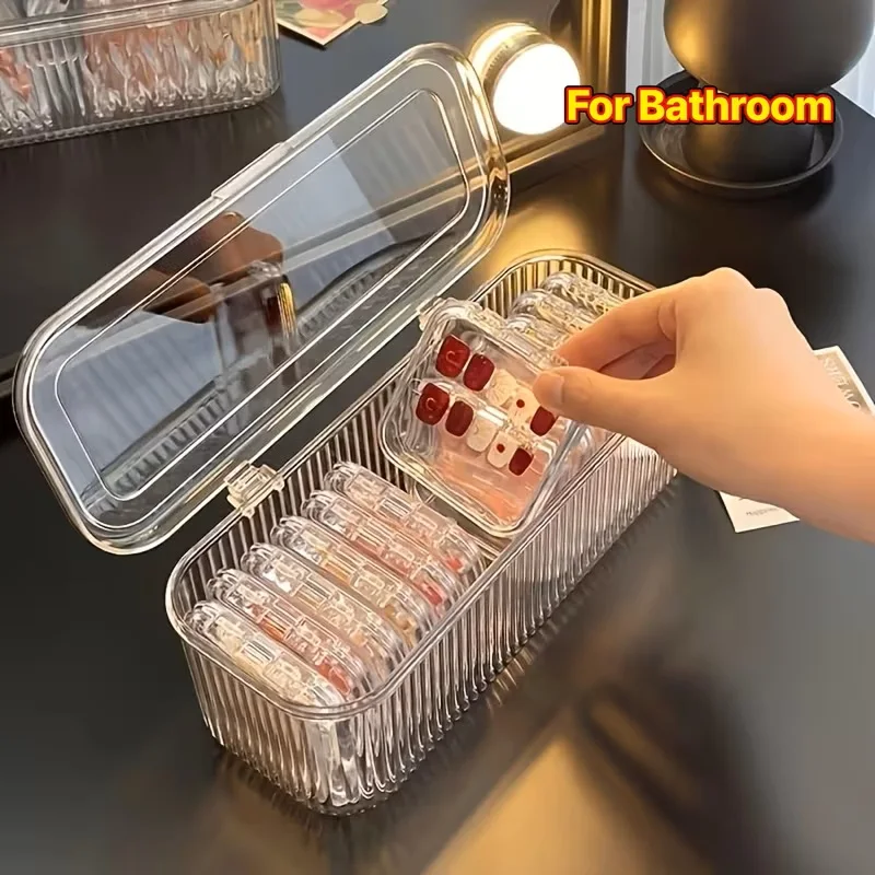 1 Large Box with 12pcs Small Square Transparent Plastic Nail Storage Containers with Lids Dustproof Striped for Nail Stickers