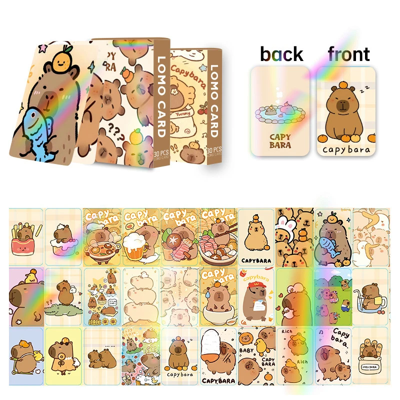 30Pcs Kawaii Double-sided Capybara Photocards Cartoon Capybara Glitter Cards HD Collection Cards Anime Peripherals Kids Gifts