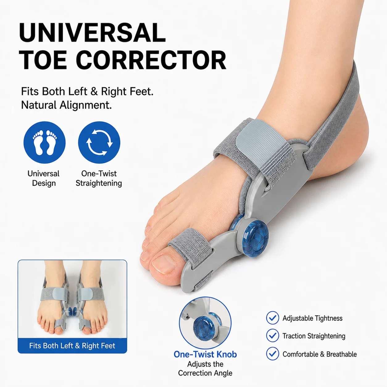 

Bunion Corrector Brace with Knob Dial, Adjustable Strap Breathable Big Toe Straightener for Day Night Home, Unisex One Size