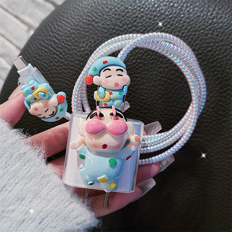 4 Stks/set Krijt Shin-Chan Data Kabel Beschermhoes 20W Voor Iphone 15 14 Kawaii Cartoon Anti-Fractuur Oplader Beschermhoes