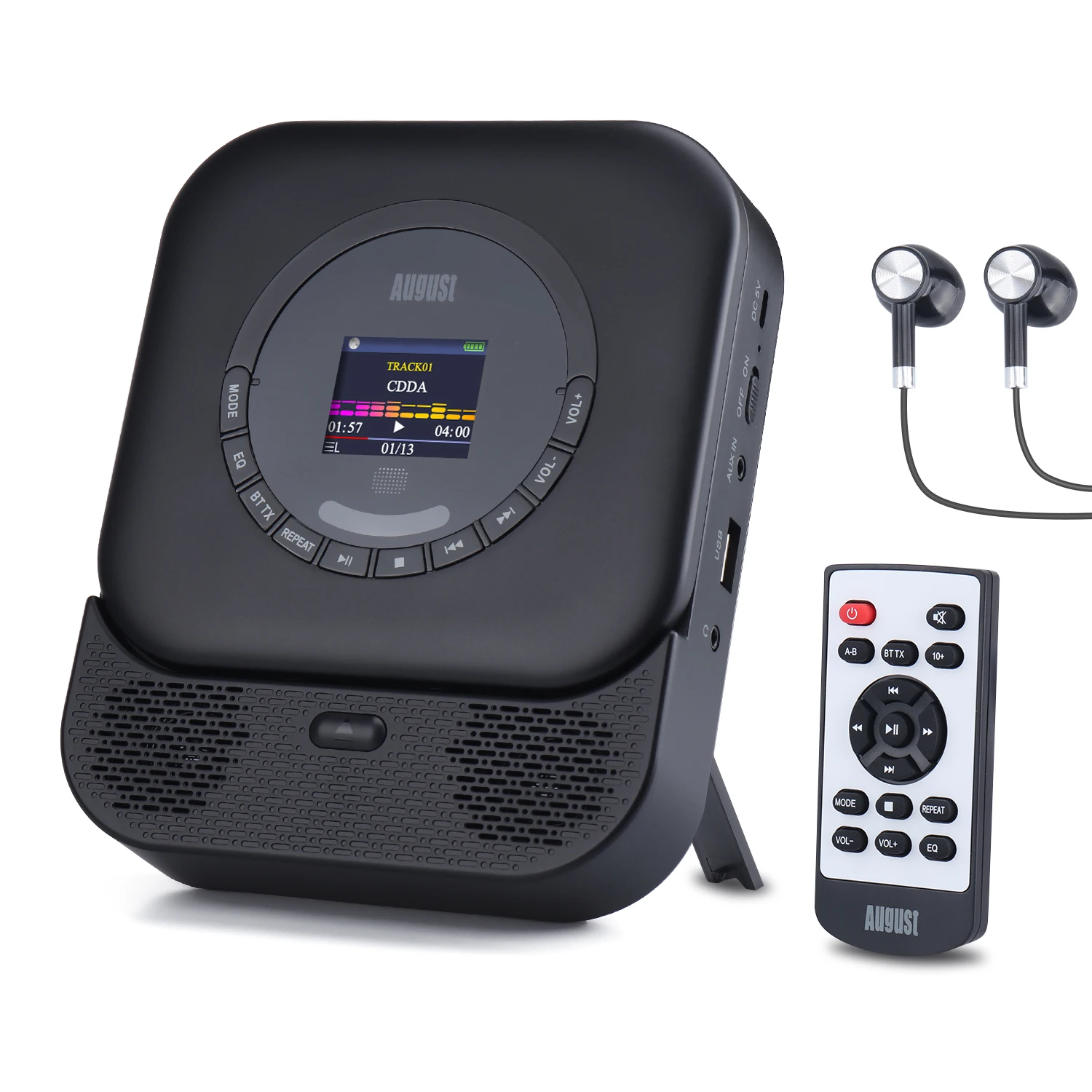 August SE15 Portable CD Player with Bluetooth 5.3,USB Port,3.5mm AUX,Wall-Mountable Rechargeable CD with Anti-Skip,Earphones