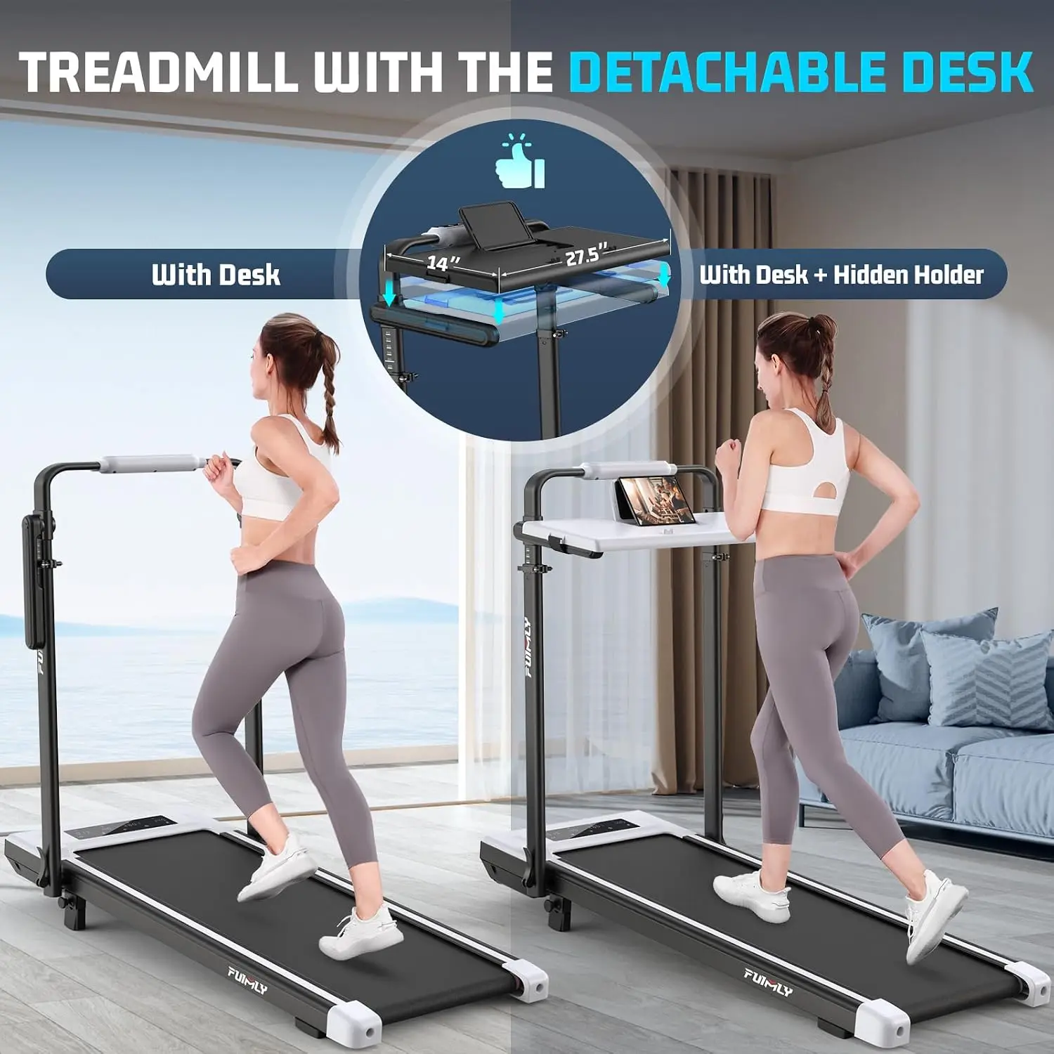 Foldable Walking Pad Treadmill with Detachable Workstation Desk, Handle Bar, and 15% Incline, for Under-Desk Use in Home/Office, 400+ lb Capacity, Height Adjustable, 3.5 HP Motor