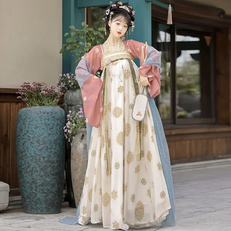 Fantasia Han tradicional feminina, estilo chinês antigo, conjunto floral elegante de hanfu, conjunto de vestido vintage oriental