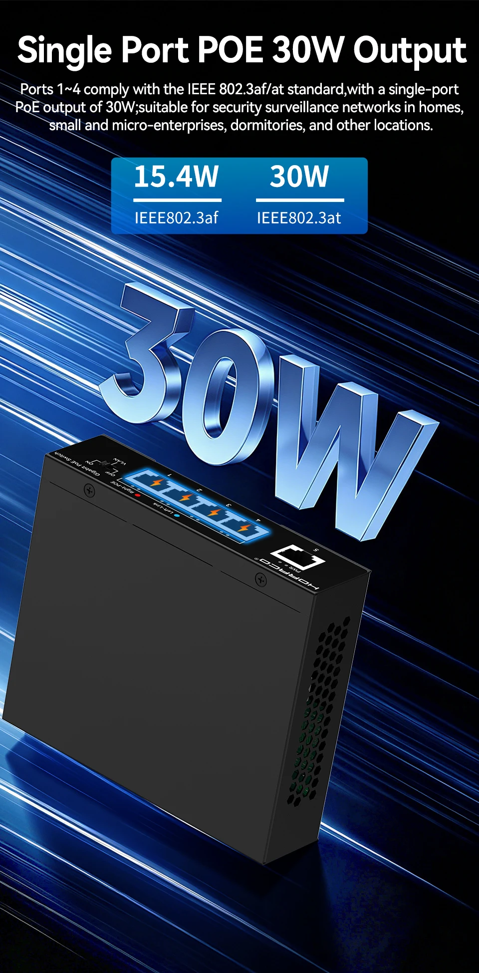 HORACO 5-Port POE Switch Gigabit 1000Mbps Aktiver POE Netzwerk-Switch für IP-Kamera, NVR, Überwachung, CCTV, POE-Kamera – Detail 5