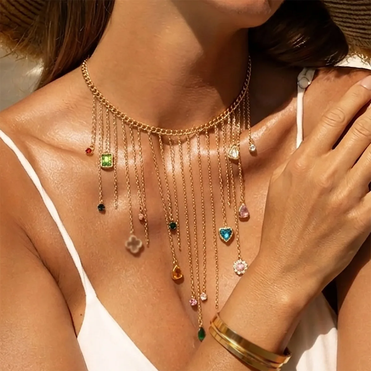 Colorful Gem Tassel Choker with Heart Pendant French Style Crystal Beads Lightweight Durable Stackable Necklace Gift for Women