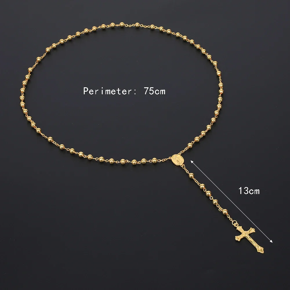 Gold Color Rosary Necklace For Women Men Long 6MM Beads Chain Crucifix Cross Pendant Religious Prayer Party Jewelry Gift